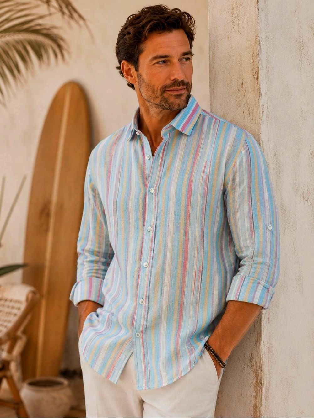 Bugatchi NWT Men’s Linen Striped Button Down Shirt Multicolor LS